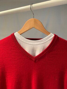 Red Wool Calvin Klein V-Neck Pullover with 100% Cotton T-shirt, Size Medium